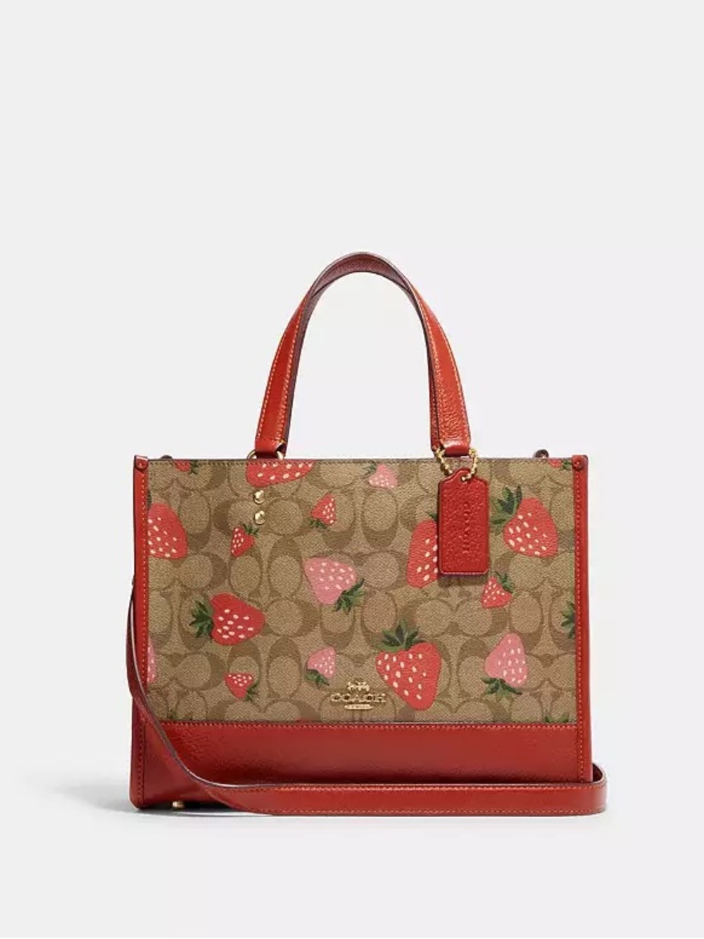 NWT Coach Dempsey Carryall, Signature Canvas Wild Strawberry Print - Khaki/Gold